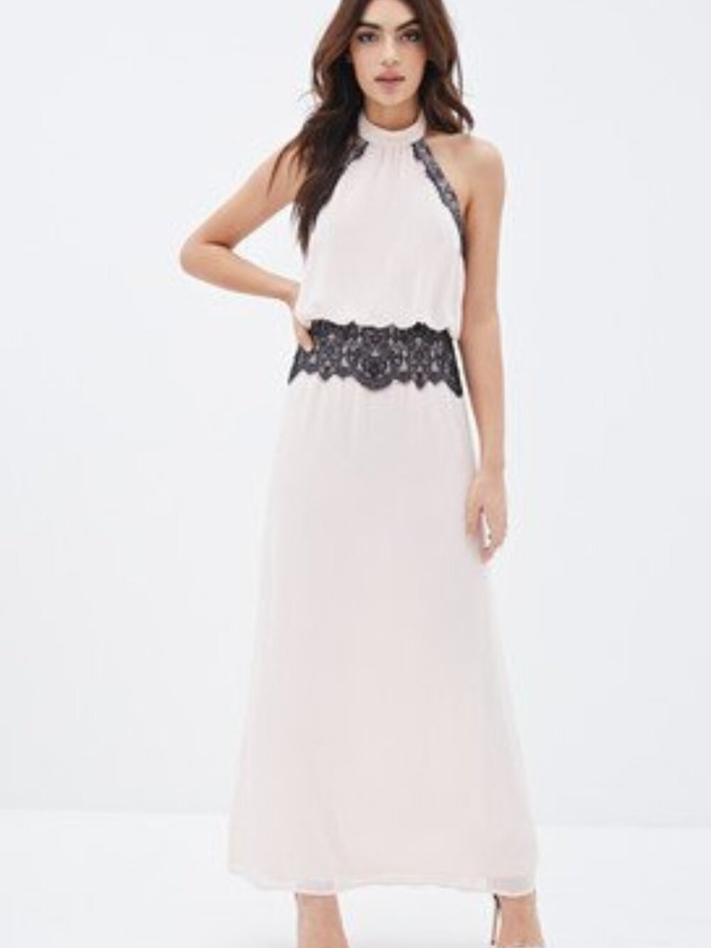 Forever 21 Blush /Black Lace Trimmed Halter Maxi Formal Prom Party Dress Medium